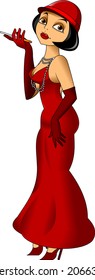 elegant woman in a red dress; red gloves and a red hat