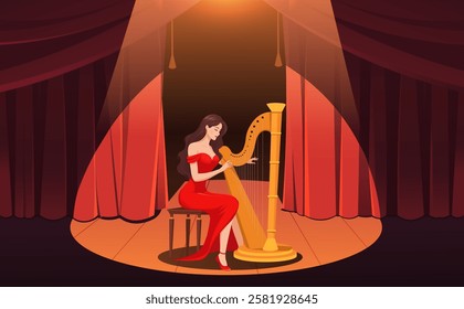 Elegant woman in red playing harp on stage. Vector illustration