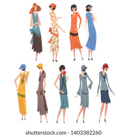 Elegant Woman in Retro Dresses Set, Beautiful Girls of 1920s, Art Deco Style Vector Illustration