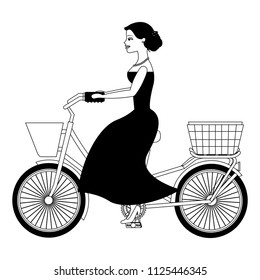 elegant woman riding bike with basket