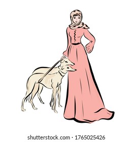 Elegant woman in scarf on head walking with two dogs. Woman dressed in victorian old fashioned style clothes. People of 19th century.