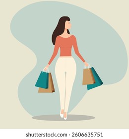 Elegant woman with shopping bags walking confidently. Minimalist fashion illustration with modern colors. Stylish female shopper in trendy outfit. Vector design for shopping, retail, fashion concepts