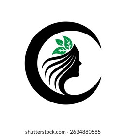 Elegant woman silhouette with flowing hair made of green leaves inside a crescent moon. Perfect for beauty, spa, wellness, herbal, natural care, eco-friendly, and feminine logo concepts.