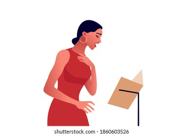 Elegant woman singing. Beautiful woman in red dress. Opera music. Vector illustartion. 