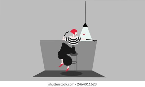 elegant woman sitting on bar with pink cocktail