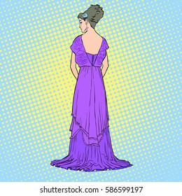 Elegant woman. The sketch with the graceful model. Back view of the dress. Long evening gown with open back. Elegant slenderness. Romantic image. Skinny body silhouette. Haute couture fashion show.