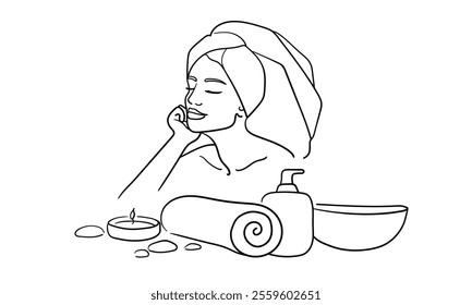 Elegant woman in spa salon continuous line art drawing isolated on white background. Self care and beauty. Vector illustration