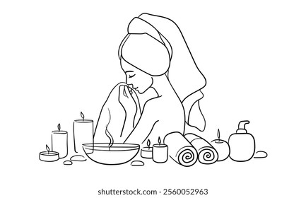 Elegant woman in spa salon continuous line art drawing isolated on white background. Self care and beauty. Vector illustration