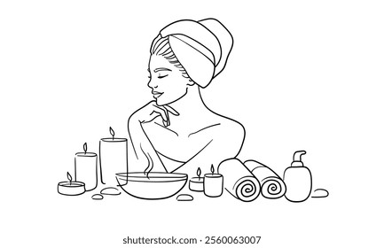 Elegant woman in spa salon continuous line art drawing isolated on white background. Self care and beauty. Vector illustration