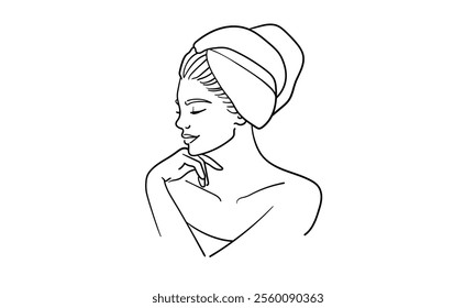 Elegant woman in spa salon continuous line art drawing isolated on white background. Self care and beauty. Vector illustration