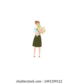 An elegant woman standing with flowers. Raster illustration isolated on white background