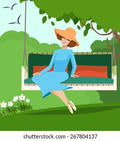 Elegant woman in a straw sunhat sitting on a garden swing in a lush green garden enjoying the summer sun, vector illustration
