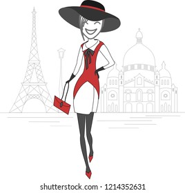 An elegant woman in the streets of Montmartre in Paris with the Eiffel Tower and a basilica