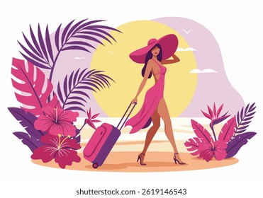 Elegant woman with a suitcase arriving for her summer holiday vacation at a tropical beach. Flat illustration style with a warm, inviting color palette
