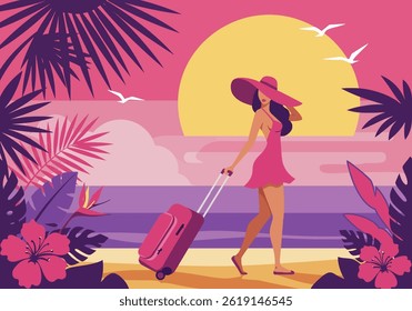 Elegant woman with a suitcase arriving for her summer holiday vacation at a tropical beach. Flat illustration style with a warm, inviting color palette