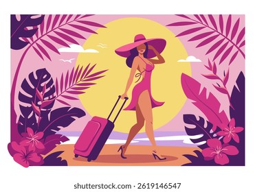 Mulher elegante com uma mala que chega para suas férias de verão em uma praia tropical. Estilo de ilustração plana com uma paleta de cores acolhedora