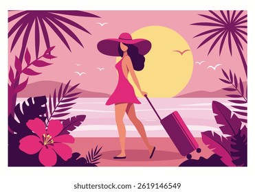 Elegant woman with a suitcase arriving for her summer holiday vacation at a tropical beach. Flat illustration style with a warm, inviting color palette