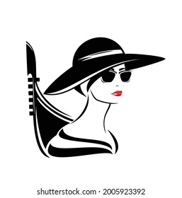 elegant woman with sunglasses wearing wide brimmed hat with gondola boat outline - stylish italian tourist in venice black and white vector portrait