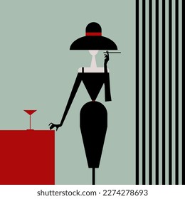 An elegant woman in a tight black dress and hat with a long cigarette in her hand. Flat vector illustration in the style of the 60's. Retro style is in fashion.