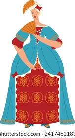 Elegant woman in traditional European royal dress with fan. Historical female character, costume design. Nobility and renaissance fashion vector illustration.