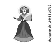 Elegant woman in a traditional Venetian carnival costume holding a fan. Vector illustration featuring an elaborate dress, mask, and feathered headdress. Perfect for cultural or festive design projects