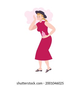 Elegant woman using perfume flat icon vector illustration