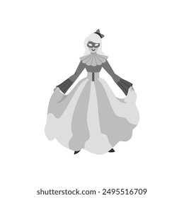 Mujer elegante en un traje de carnaval veneciano sosteniendo su vestido. Ilustración vectorial de una figura enmascarada en un vestido elaborado con mangas y cuello detallados. Perfecto para fiestas y temas de disfraces