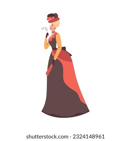 Elegant woman in Victorian era dress and hat, flat vector illustration isolated on white background. Vintage old fashion. Theater or opera visitor.