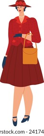 Mujer elegante con traje rojo vintage y sombrero que lleva una bolsa amarilla. Moda y concepto de estilo retro. Dama de la ilustración vectorial de la era de los años 50.