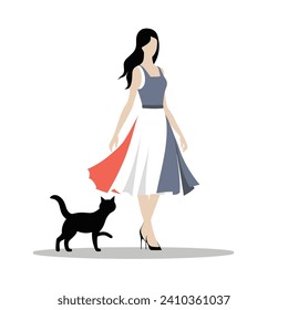 Elegant woman walking with black cat, stylish dress and high heels. Graceful lady strolling with cat companion. Elegant and feminine charm vector illustration