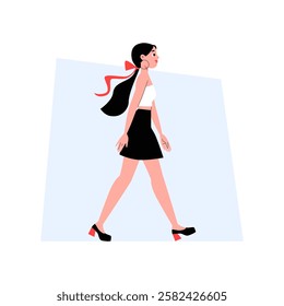 Elegant Woman Walking In Chic Outfit In Flat Vector Illustration Symbolizing Confidence, High Fashion, And Modern Style, Isolated On White Background