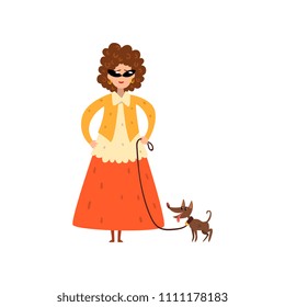 Elegant woman walking with her small pet dog vector Illustration on a white background