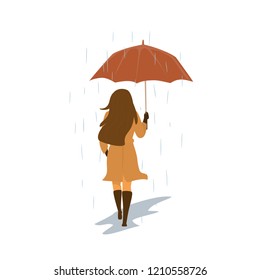 elegant woman walking with umbrella under the rain and falling leaves in the autumn park street, back view isolated vector illustration scene