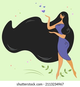 An elegant woman walks with a hearts. Silhouette of a beautiful girl in a trendy purple dress giving love. Isolated vector character on green background. Cute fabulous image for your stylish design.