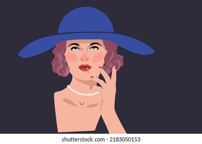 Elegant woman wear blue retro style hat and pearl necklace.