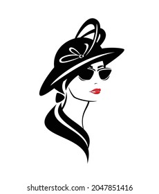 elegant woman wearing retro style hat with feather decor and stylish sunglasses - glamour and beauty concept vector portrait