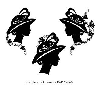 elegant woman  wearing retro style hat with feather decor, rose blossom and butterfly - flower garden and beauty concept vector portrait