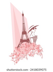 elegant woman wearing sunglasses and wide brimmed hat among blooming tree flower branches and eiffel tower - fashion spring in Paris handdrawn vector design