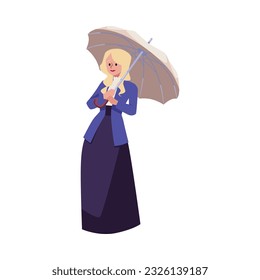 Elegant woman wearing vintage clothes in Victorian style, flat vector illustration isolated on white background. Lady in dress holding umbrella. Victorian era aristocrat.