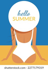 An elegant woman in a white swimsuit and a large hat is sitting on the beach. Hello summer. Summer holiday concept.Vector