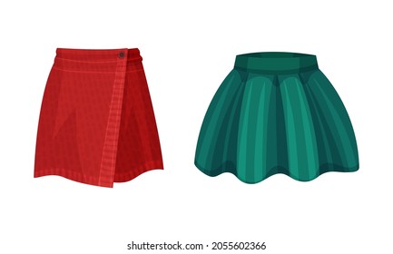 Elegant woman wrapped and pleated skirts set. Fashion female apparel cartoon vector illustration