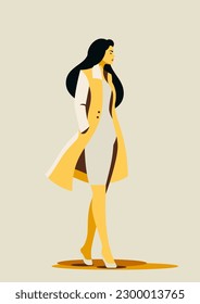 Elegante mujer amarillo pintura color pastel otoño pintura afiche camiseta tarjeta de impresión vectorial ilustración plana. Moda romántica silueta femenina arte contemporáneo minimalista seguro de belleza persona figura