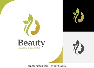 elegant woman's face logo with a leaf for beauty product. The logo is for a beauty salon