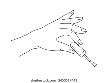 Elegante mano de mujer sostiene un cepillo de esmalte de uñas. Concepto de la manicura, logotipo para un salón de belleza. Ilustración vectorial aislada de líneas 