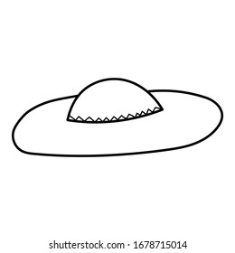 El elegante sombrero de mujer aislado en fondo blanco. Ilustración vectorial de la cabeza para mujeres, niñas o mujeres. Protección solar de verano. Dibujo vectorial de Doodle. Icono único. Dibujo plano de moda.