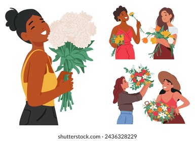 Elegant Women Characters Clutch Delicate Flower Bouquets, Their Hands Gently Cradling Blooms Of Vibrant Hues, Embodying Grace And The Ephemeral Beauty Of Nature. Cartoon People Vector Illustration