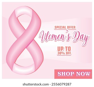 Elegant Women Day promotional banner featuring a pink ribbon symbol and special offer for discounts. Flat vector modern illustration 