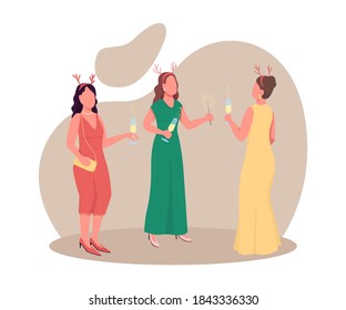 Elegant women in festive outfit flat color vector faceless characters. Girls with sparkling drinks. Festive party. Christmas time isolated cartoon illustration for web graphic design and animation