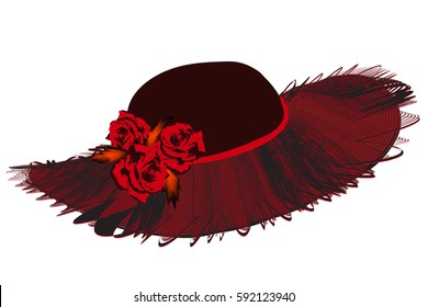 Elegant women hat with netting wavy brim and roses in black and red colors isolated on white