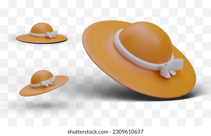 Elegant women hat with wide brim and bow. Set of 3D hats for summer. Wide brimmed yellow panama. Realistic women accessory from different sides. Vector collection, isolated elements